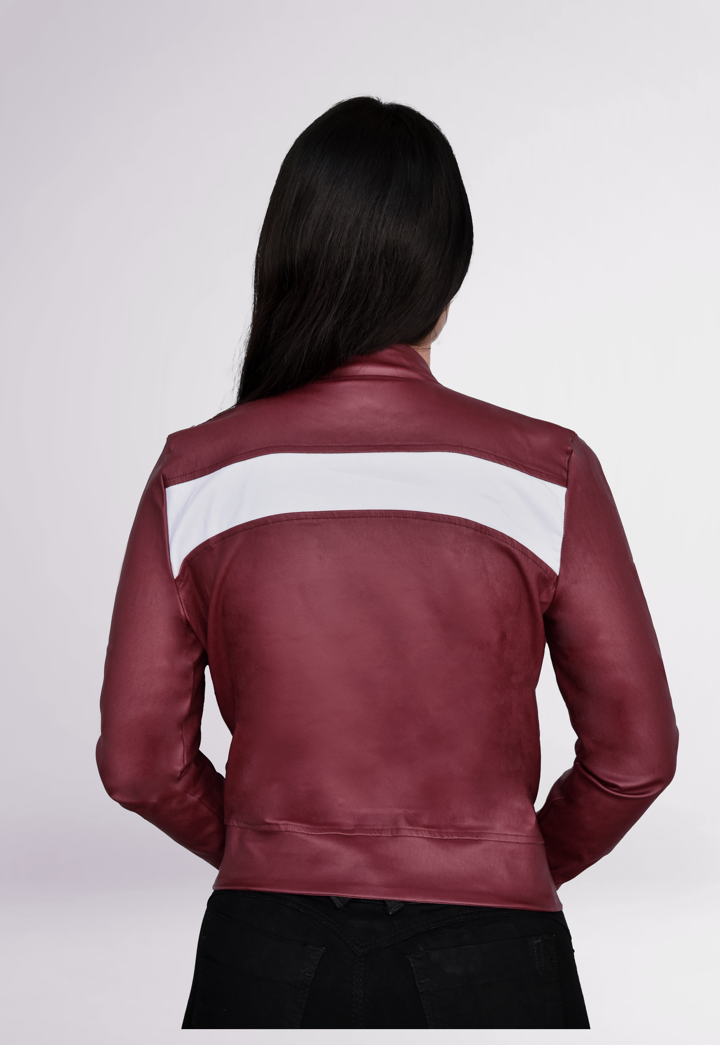 CHAQUETA VINIPIEL DAMA COLOR VINO CON BLANCO