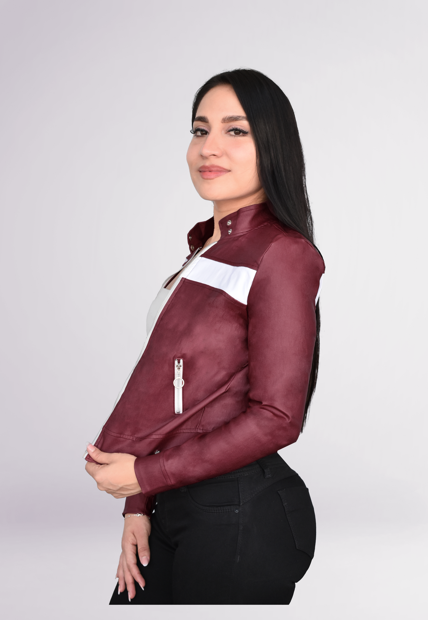 CHAQUETA VINIPIEL DAMA COLOR VINO CON BLANCO