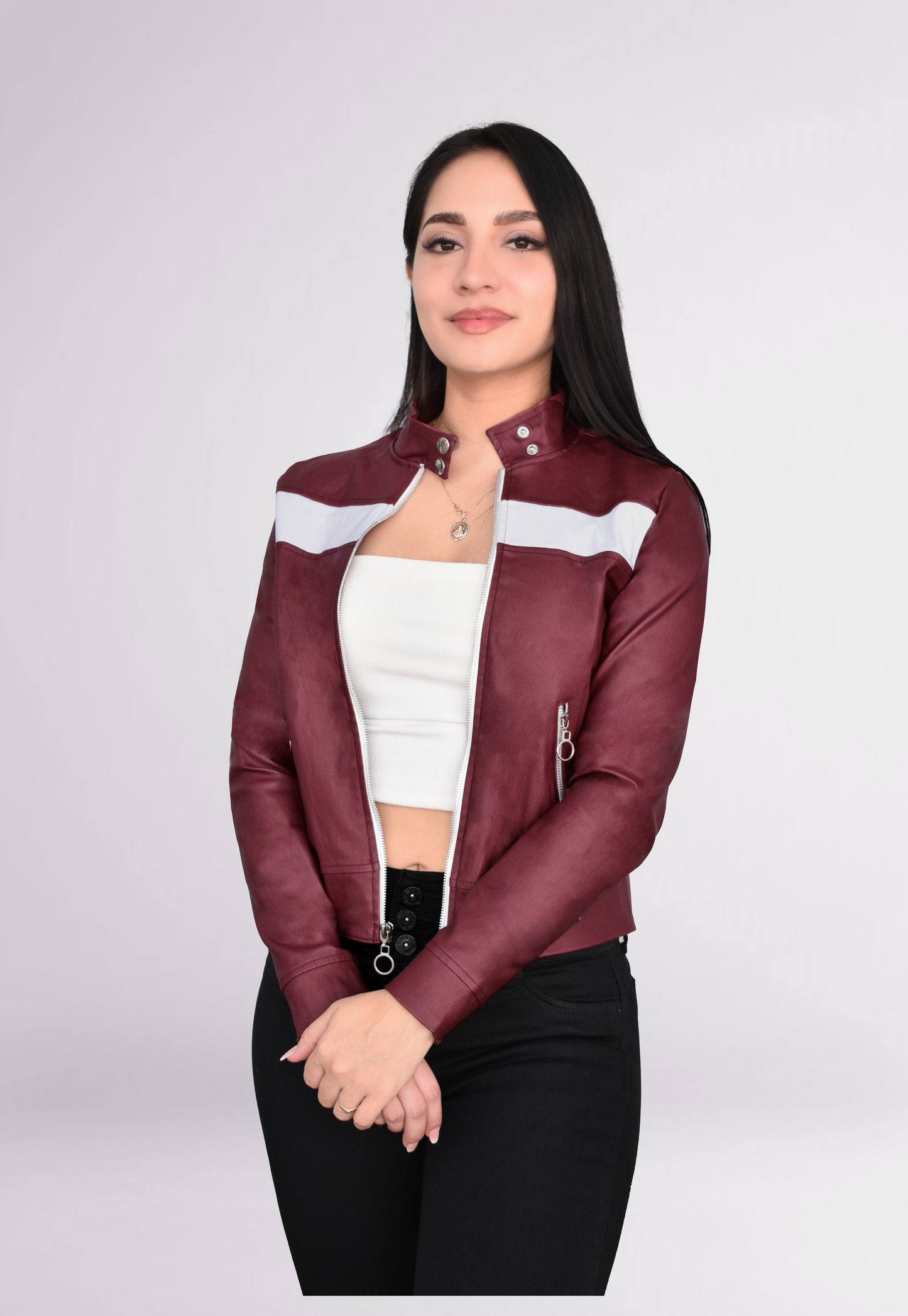 CHAQUETA VINIPIEL DAMA COLOR VINO CON BLANCO