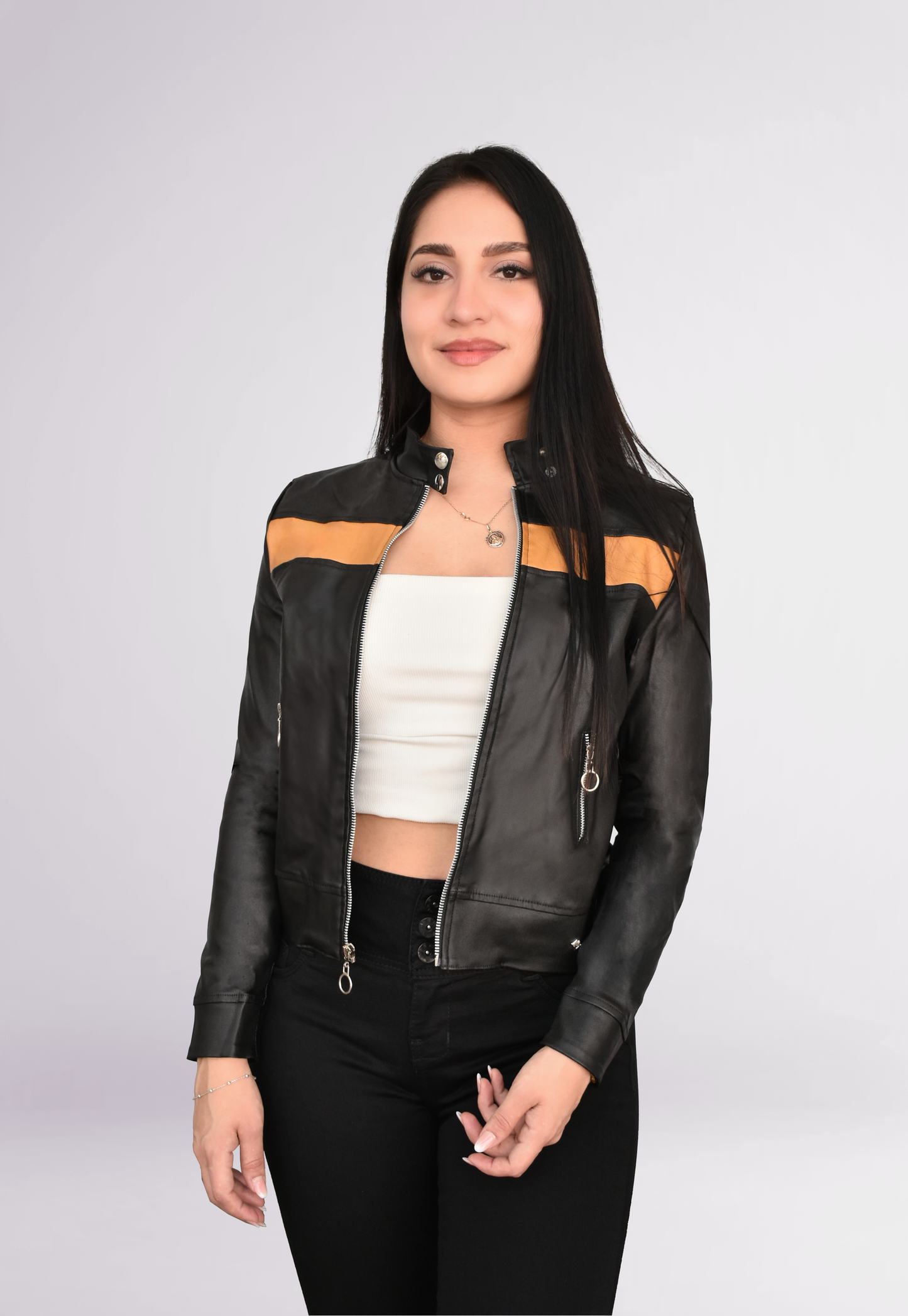 CHAQUETA VINIPIEL DAMA COLOR NEGRO CON MOSTAZA