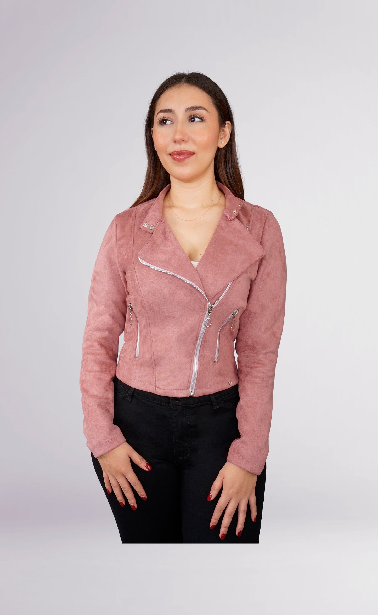 CHAMARRA COLOR PALO DE ROSA CORTES EN DELANTERO CUELLO CON BOTONES