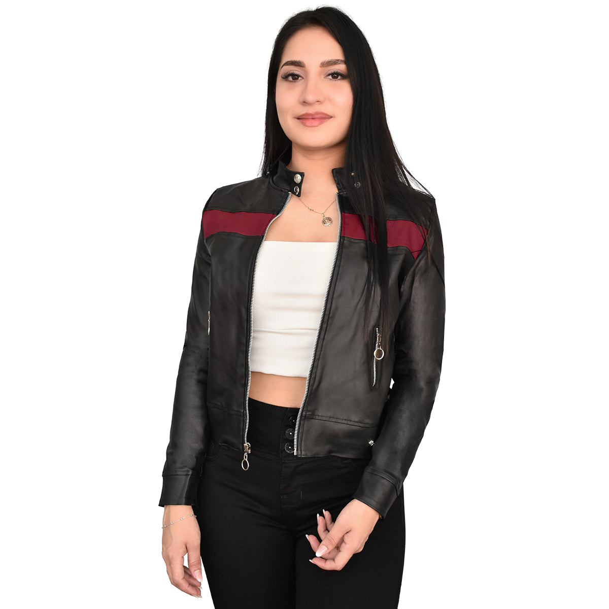 CHAQUETA VINIPIEL DAMA COLOR NEGRO CON VINO