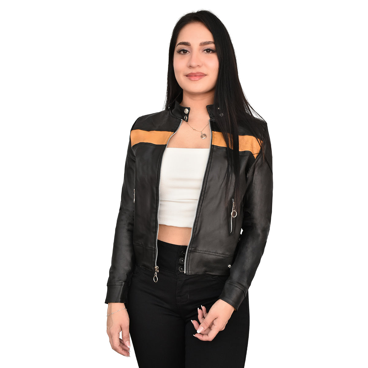 CHAQUETA VINIPIEL DAMA COLOR NEGRO CON MOSTAZA