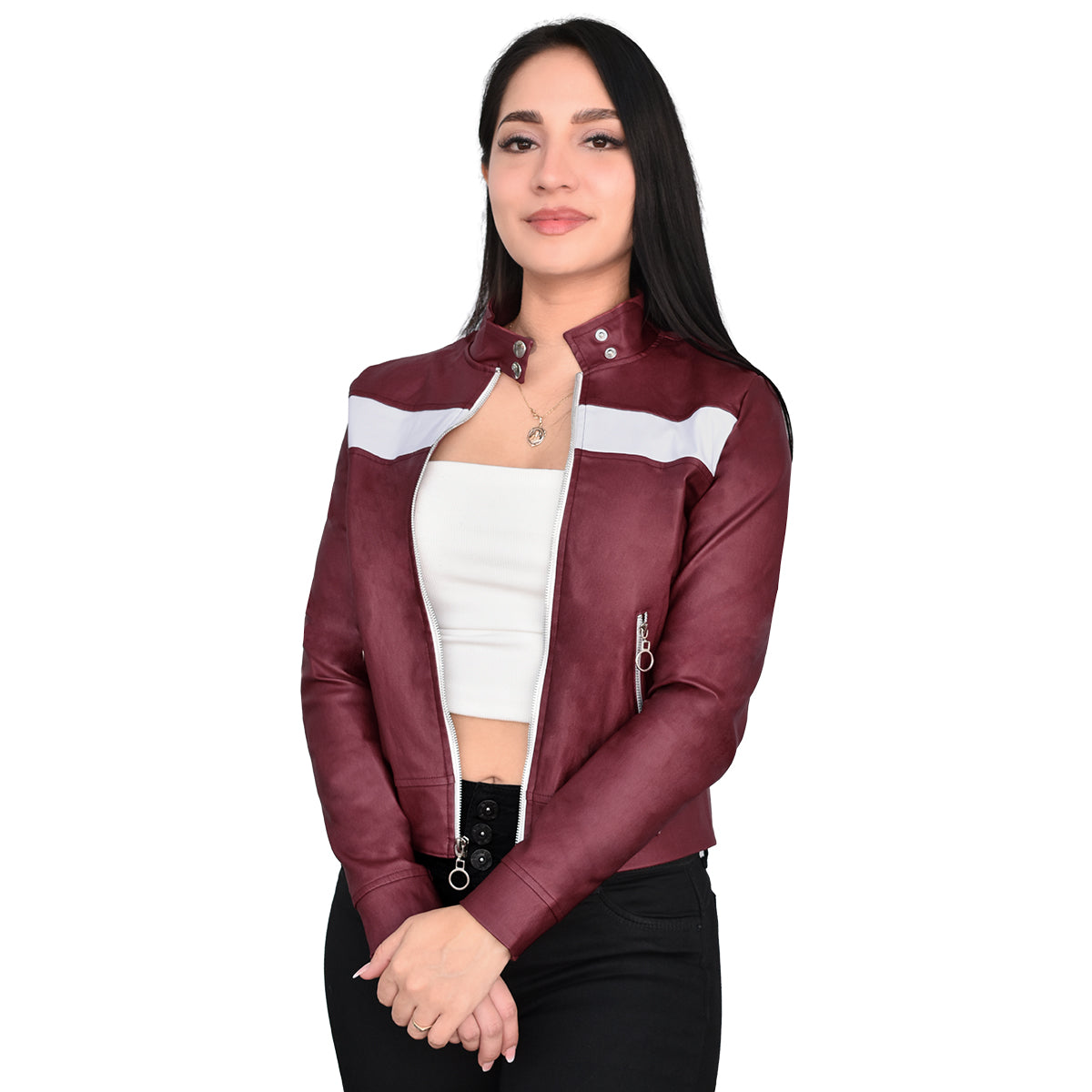 CHAQUETA VINIPIEL DAMA COLOR VINO CON BLANCO